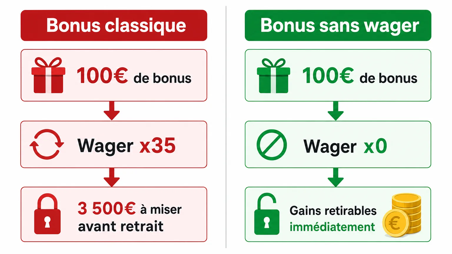 Infographie comparant un bonus classique avec wager x35 et un bonus sans wager aux gains immédiatement retirables