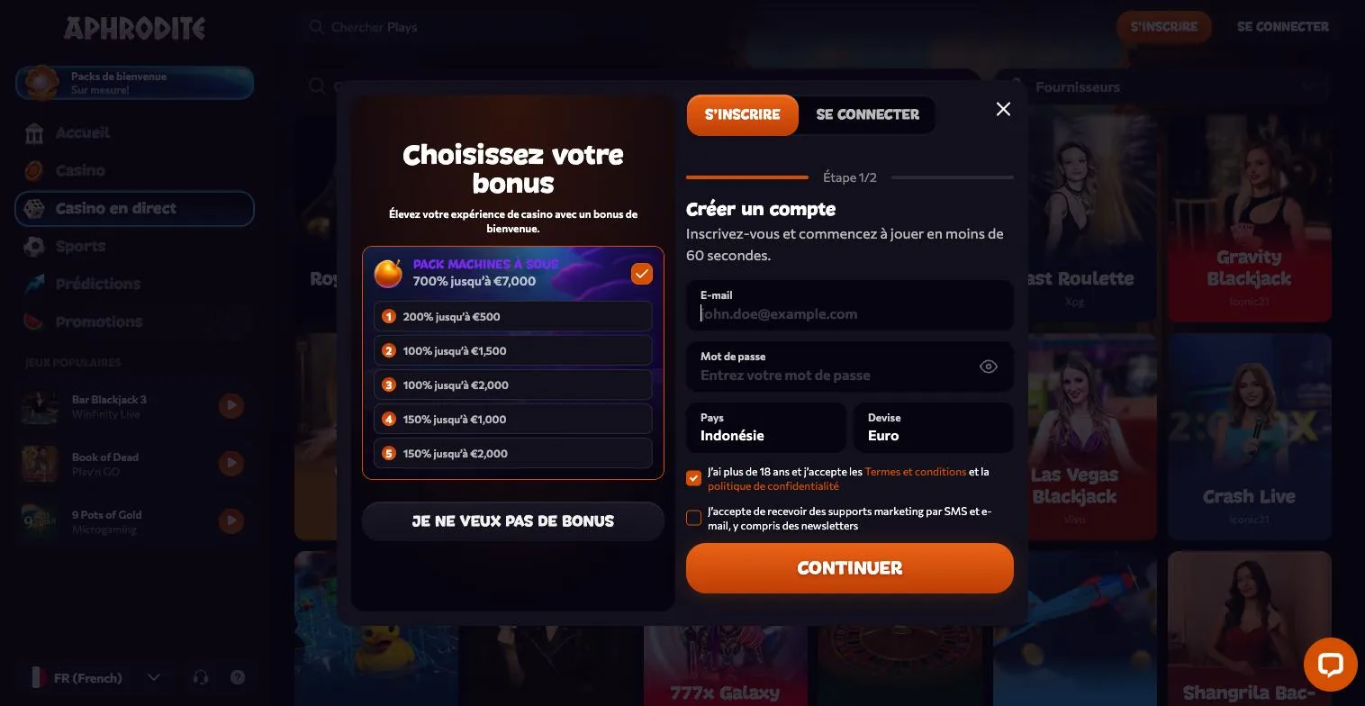 Formulaire d'inscription d'Aphrodite Casino avec le choix du pack de bienvenue