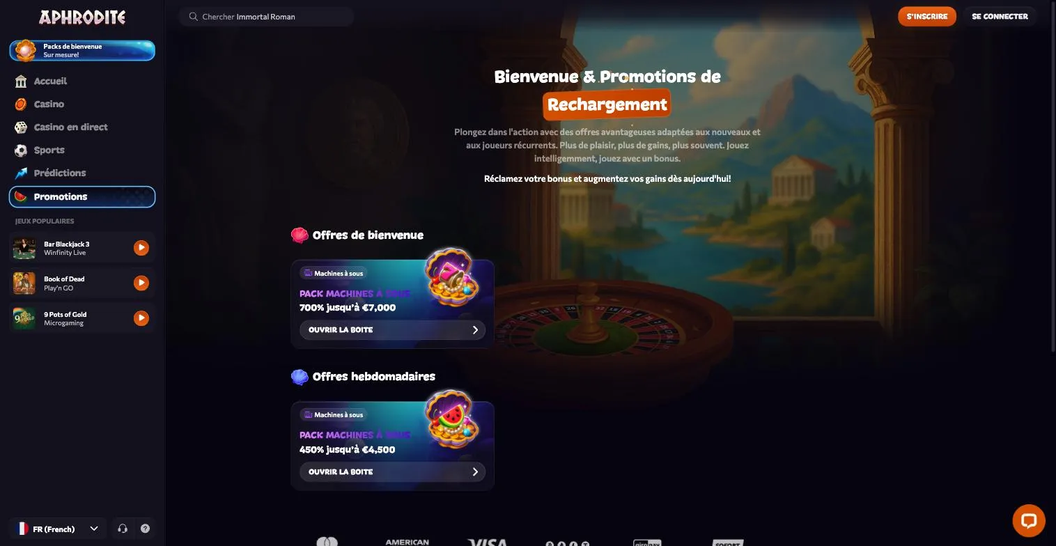Page promotions d'Aphrodite Casino avec le pack de bienvenue et les offres hebdomadaires