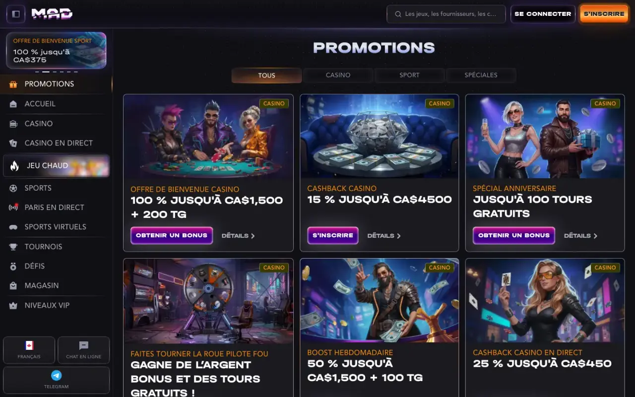 Page promotions de Madcasino avec les offres casino et sport