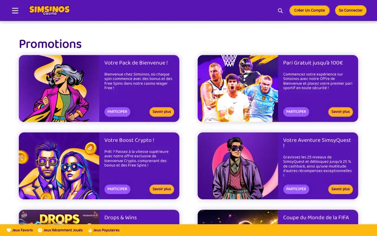 Page promotions de Simsinos Casino avec le pack de bienvenue et SimsyQuest