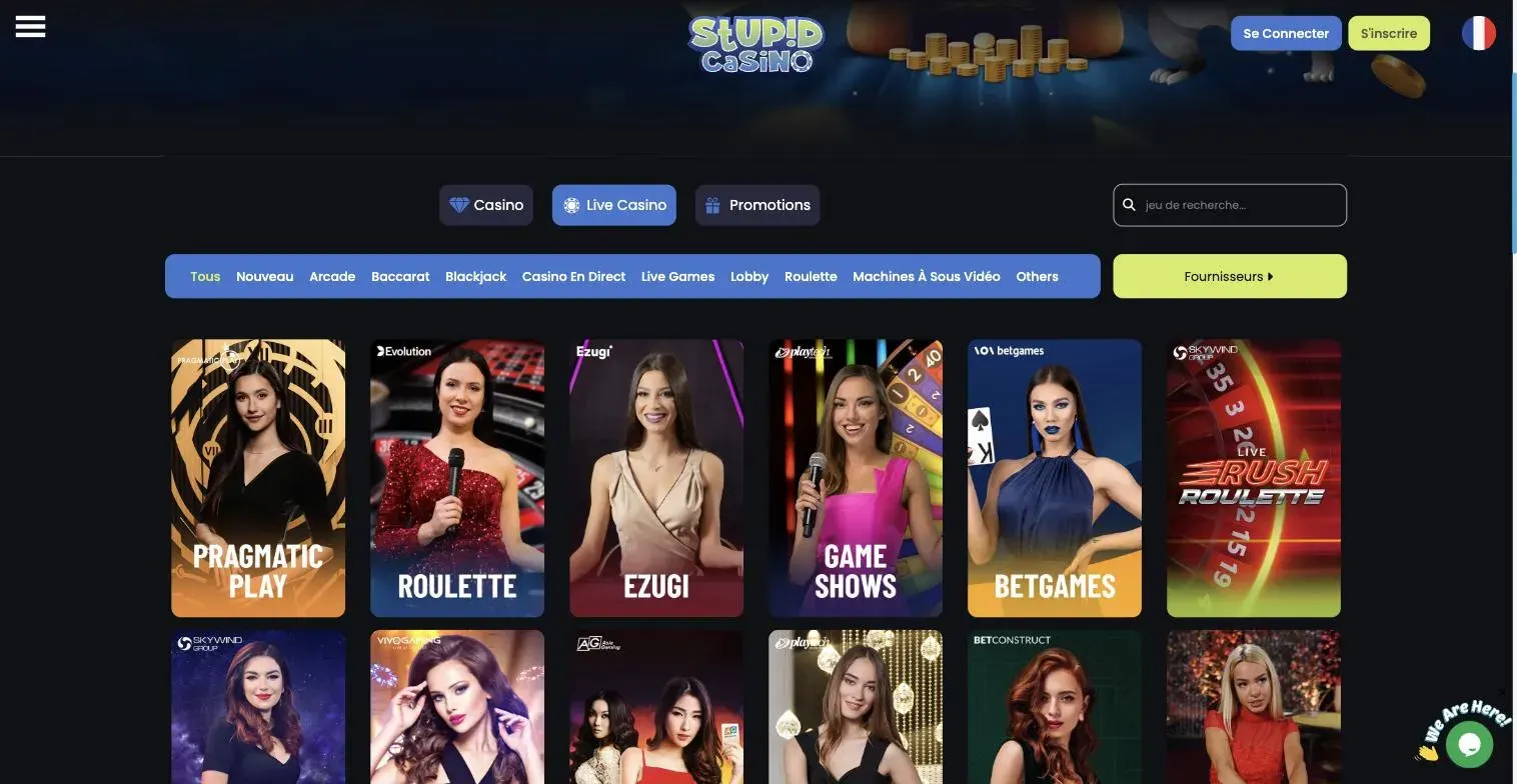 Section casino en direct de Stupid Casino avec les studios Evolution, Ezugi et BetGames