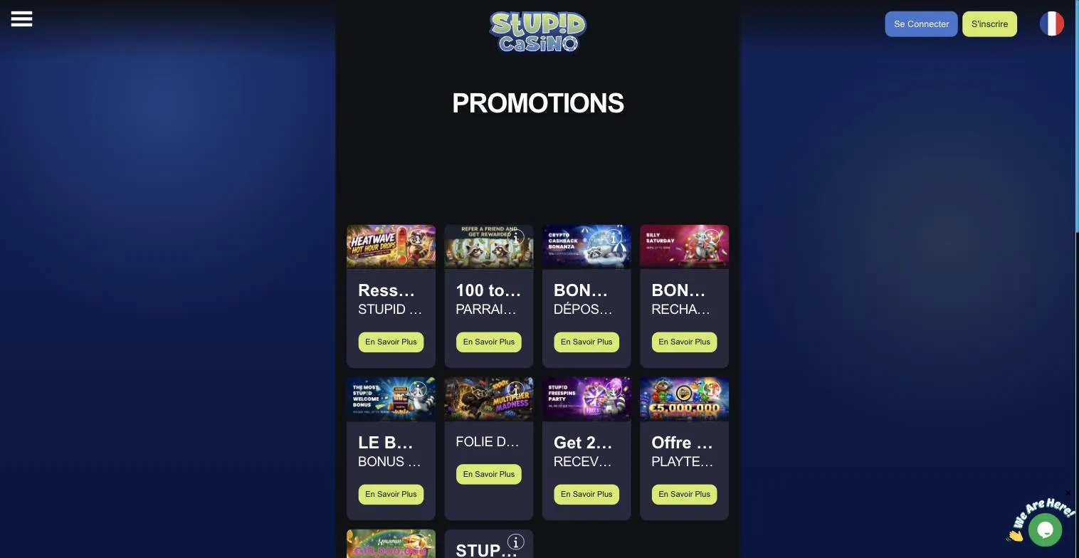 Page promotions de Stupid Casino avec les offres de recharge et le parrainage
