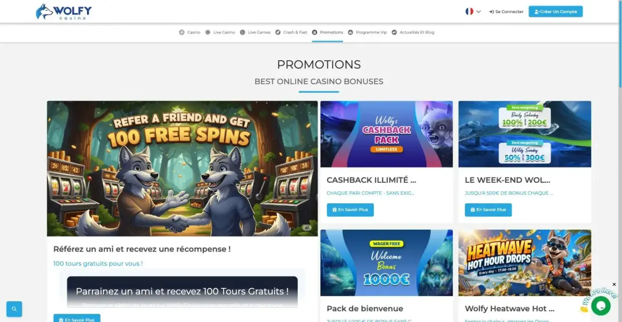Page promotions de Wolfy Casino avec le week-end Beasty Saturday et Wildy Sunday